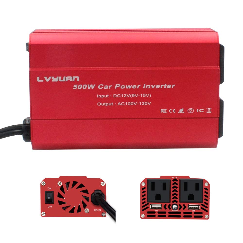 Yinleader 500W Car Power Inverter DC 12V to 110V AC Car Converter with 2 USB Charging Ports, Power Converter with 2 AC Outlets Car Charger, Car Adapter (500W)