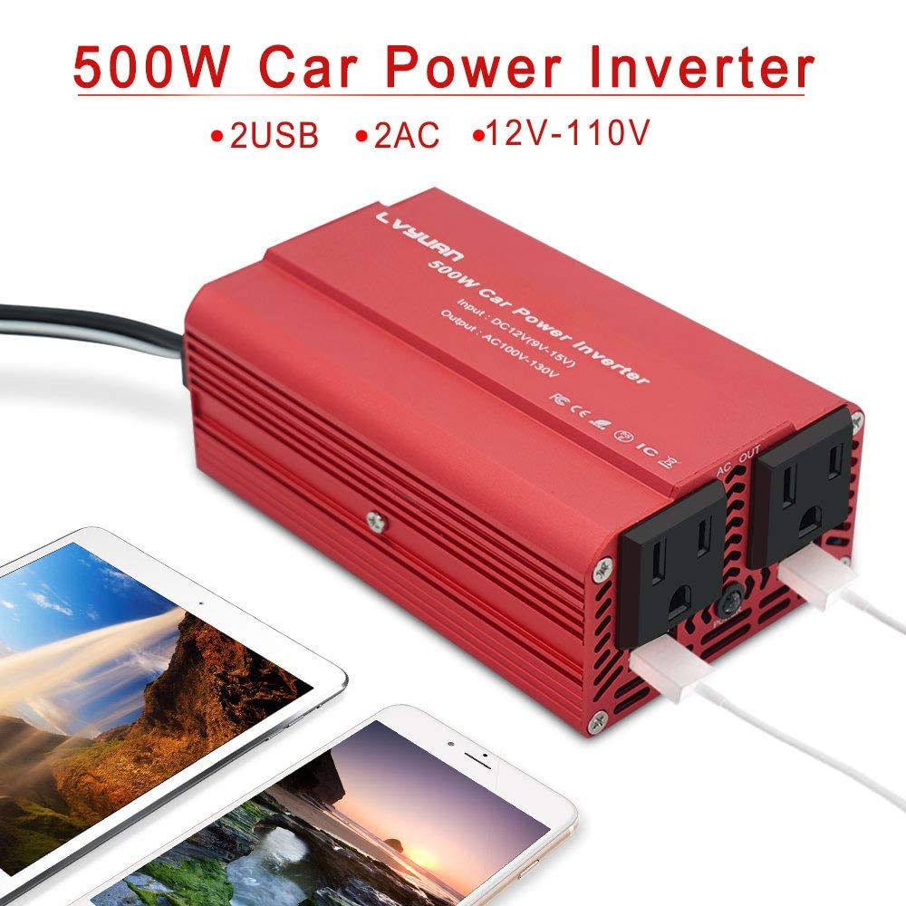 Yinleader 500W Car Power Inverter DC 12V to 110V AC Car Converter with 2 USB Charging Ports, Power Converter with 2 AC Outlets Car Charger, Car Adapter (500W)