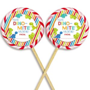 Dino-Mite Dinosaur Valentine Party Favor Sticker Labels for Boys, 40 2" Party Circle Stickers by AmandaCreation, Great for Classroom Valentines, Envelope Seals, Gifts & Treats