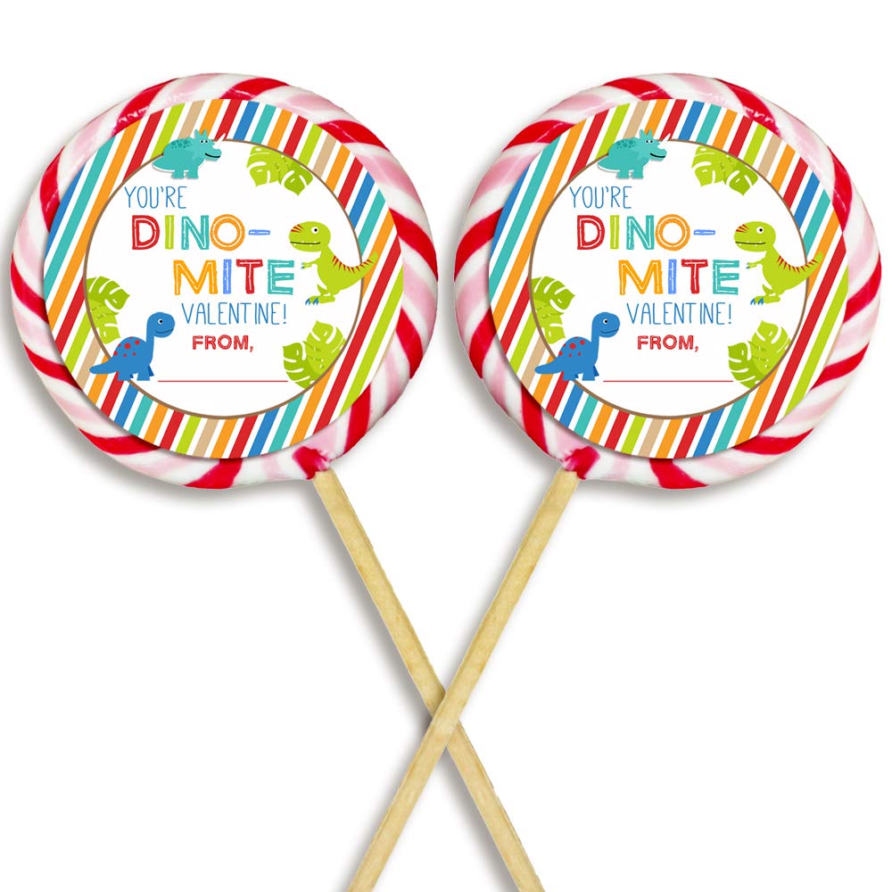 Dino-Mite Dinosaur Valentine Party Favor Sticker Labels for Boys, 40 2" Party Circle Stickers by AmandaCreation, Great for Classroom Valentines, Envelope Seals, Gifts & Treats