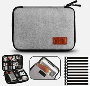 travel cable organizer bag double layer waterproof portable electronic accessories organizer for usb cable cord phone charger headset wire sd card with 10pcs cable ties(grey)