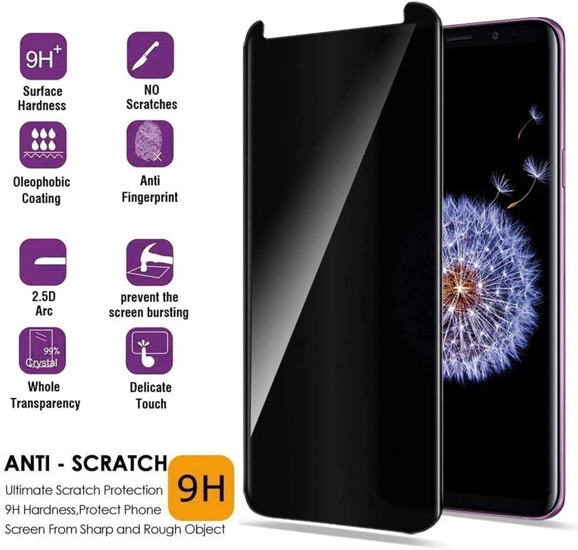 [2-Pack] SUKER Galaxy S9 Privacy Tempered Glass Anti-Spy Screen Protector [3D Curved] [Case Friendly] [9H Hardness] for Samsung Galaxy S9 (5.8"), Anti-Scratch, Bubble Free