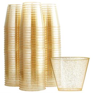 WDF 200pcs 9OZ Gold Cups,Disposable Gold Glitter Plastic Cups - Premium Wedding Cups Party Cups Christmas