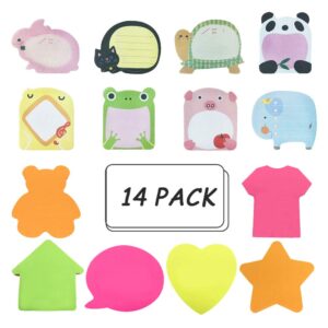 Sticky Notes, Self-Stick Removable Shaped Sticky Notes - 14 Pads - 100 Sheets 6 Pad Shaped Notes -20 Sheets 8 Pad Animal Notes(14 Pack)