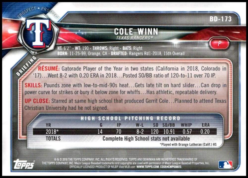 2018 Bowman Draft #BD-173 Cole Winn RC Rookie Texas Rangers MLB Baseball Trading Card