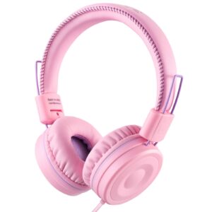 powmee m1 kids headphones wired headphone for kids,foldable adjustable stereo tangle-free,3.5mm jack wire cord on-ear headphone for children (pink)