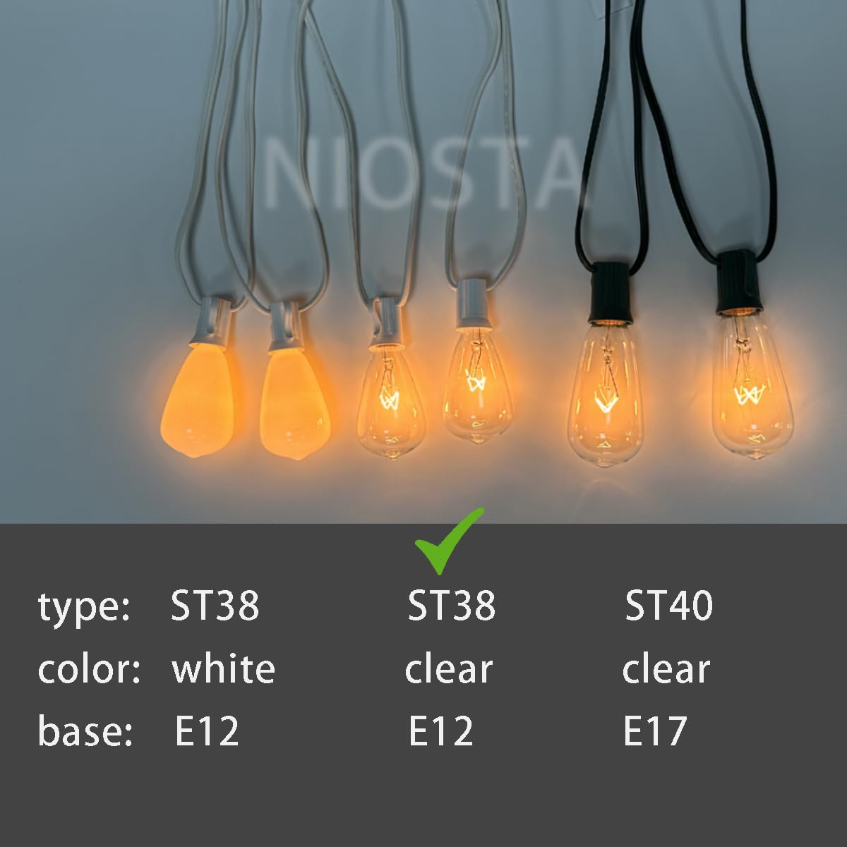 NIOSTA 10 Pack E12 Edison Bulb,ST38 Replacement Bulb for String Lights,120V/7W Incandescent Bulbs,Warm White