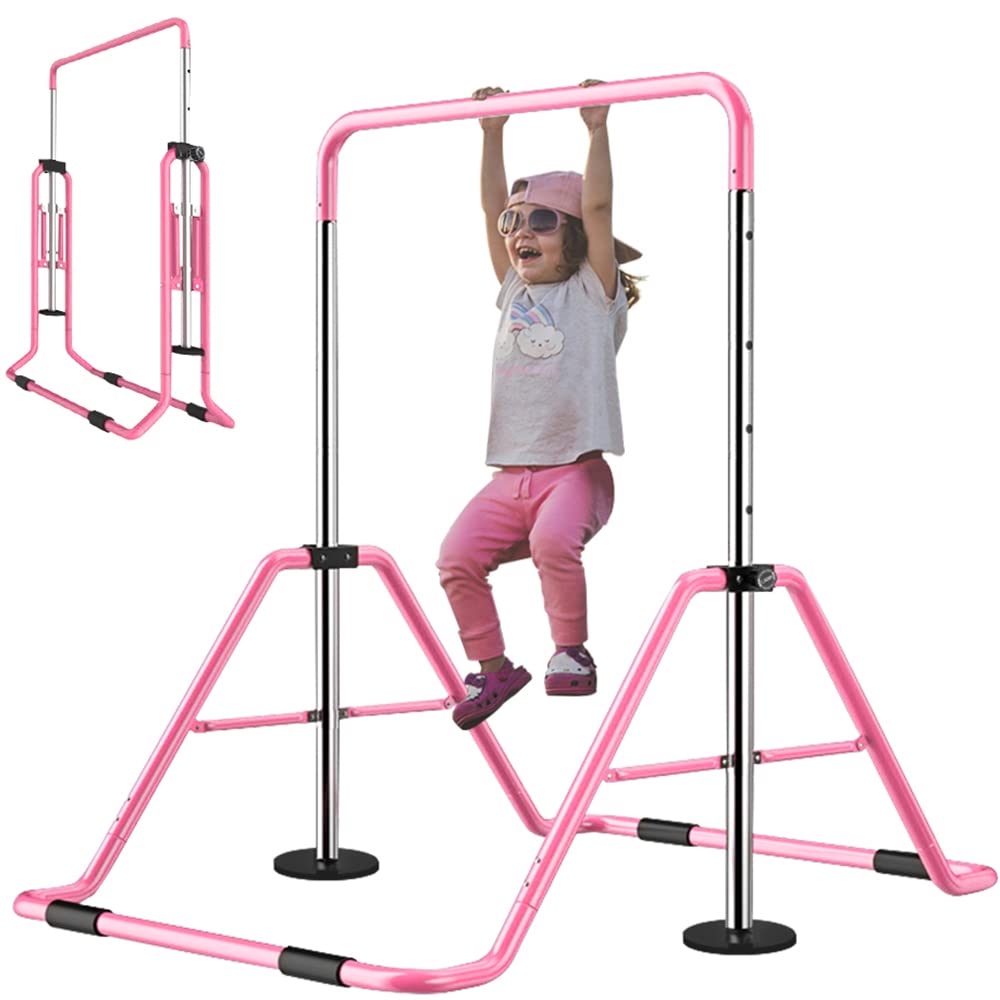 Slsy Gymnastics Bars Kids Kip Training Bars for Home, Folding Horizontal Bars with Adjustable Height, Practice Bar Gymnastic for Kids, Child, Girls, Boys (Pink Pro)