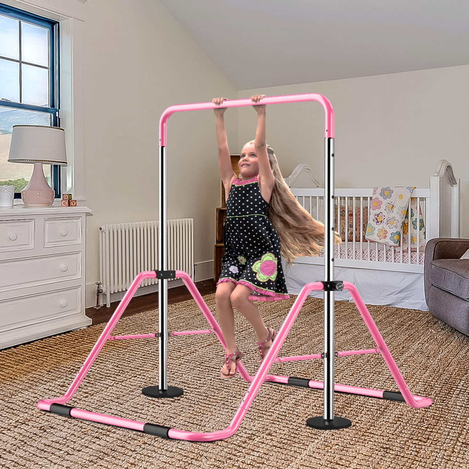 Slsy Gymnastics Bars Kids Kip Training Bars for Home, Folding Horizontal Bars with Adjustable Height, Practice Bar Gymnastic for Kids, Child, Girls, Boys (Pink Pro)