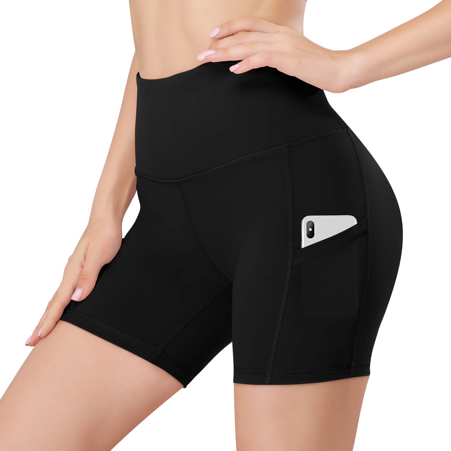 HISKYWIN 5"/8" Inseam High Waist Women Yoga Shorts Compression Exercise Workout Running Shorts Pockets F18011-Black-S