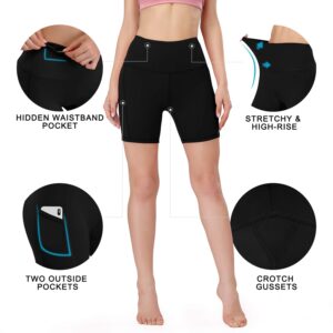 HISKYWIN 5"/8" Inseam High Waist Women Yoga Shorts Compression Exercise Workout Running Shorts Pockets F18011-Black-S