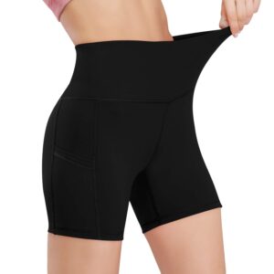 HISKYWIN 5"/8" Inseam High Waist Women Yoga Shorts Compression Exercise Workout Running Shorts Pockets F18011-Black-S