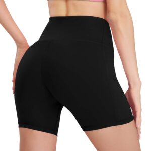 HISKYWIN 5"/8" Inseam High Waist Women Yoga Shorts Compression Exercise Workout Running Shorts Pockets F18011-Black-S