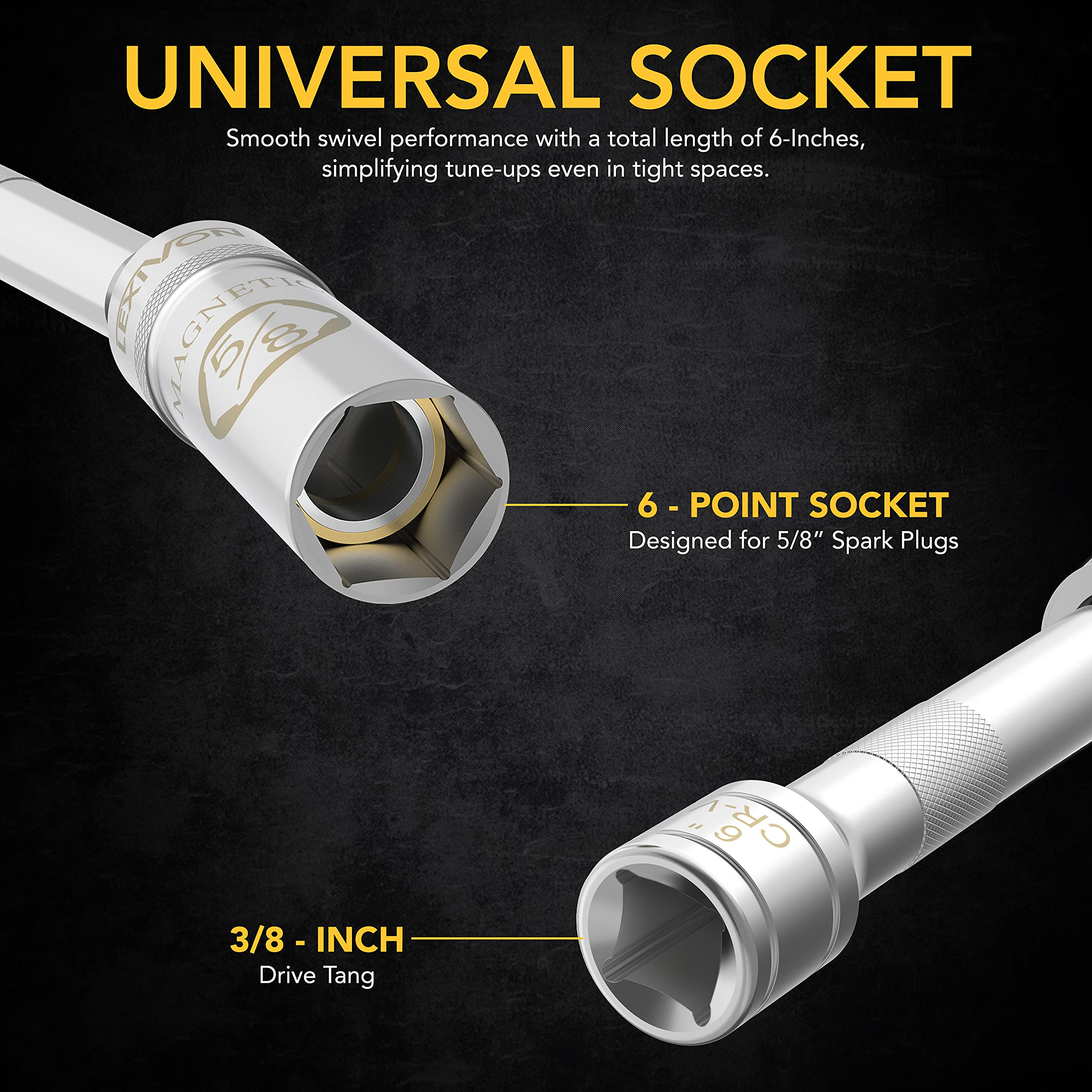 LEXIVON 5/8" Swivel Magnetic Spark Plug Socket, 3/8" Drive x 6" Total Length | Enhanced Magnetic Design with Thin Wall Socket, Cr-v Steel (LX-121)