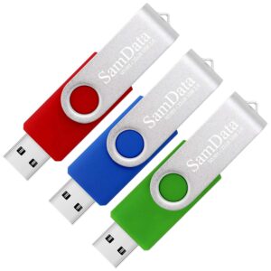 samdata usb 2.0 flash drive 32gb, 3 pack thumb drive swivel memory stick external storage (3 colors: blue green red)