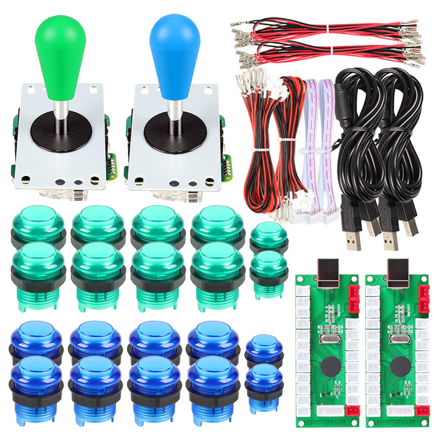 Avisiri 2 Player LED Arcade DIY Parts 2X USB Encoder + 2X Ellipse Oval Style Joystick + 20x LED Arcade Buttons for PC MAME Raspberry Pi Windows (Green & Blue Kit)