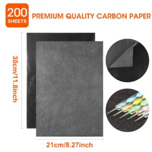 200 Sheets Carbon Paper Black Graphite Paper Transfer Tracing Paper and 5 Pieces Ball Embossing Styluses for DIY Woodworking, Paper, Canvas and Other Art Craft Surfaces