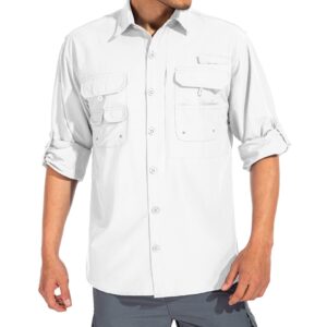 linlon Mens Safari Shirts Long Sleeve UV Protection Hiking Fishing UPF 50+ Quick Dry Cooling Camping Travel Shirts#5066-White-XXL