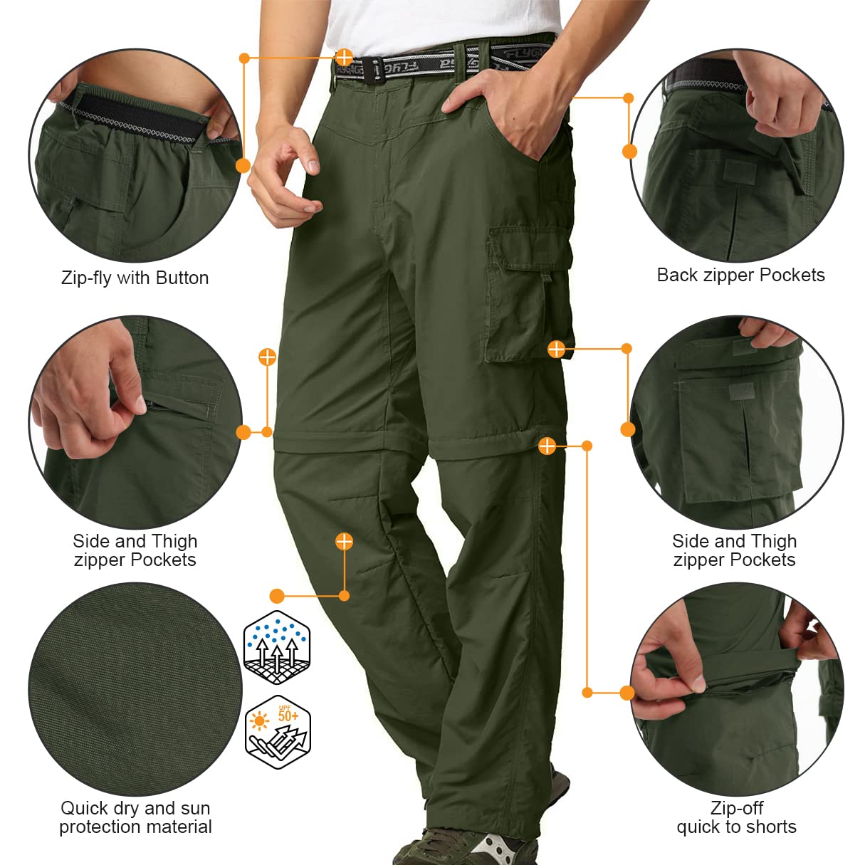 linlon Men's Outdoor Quick Dry Convertible Lightweight Hiking Fishing Zip Off Cargo Work Pants Trousers,Army Green,34