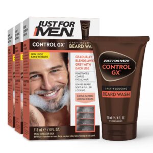 Just For Men Control GX Grey Reducing Beard Wash Shampoo, Gradually Colors Mustache and Beard, Leaves Facial Hair Softer and Fuller, 4 Fl Oz - Pack of 3 (Packaging May Vary)