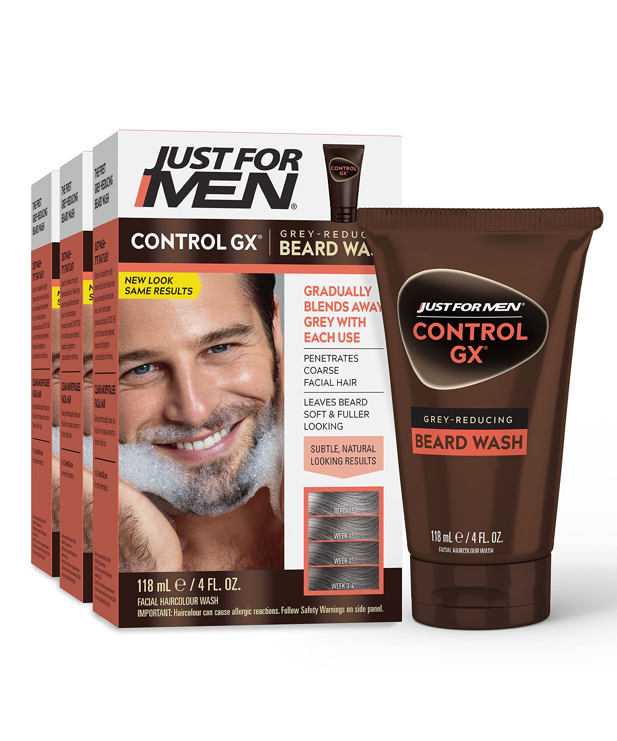 Just For Men Control GX Grey Reducing Beard Wash Shampoo, Gradually Colors Mustache and Beard, Leaves Facial Hair Softer and Fuller, 4 Fl Oz - Pack of 3 (Packaging May Vary)