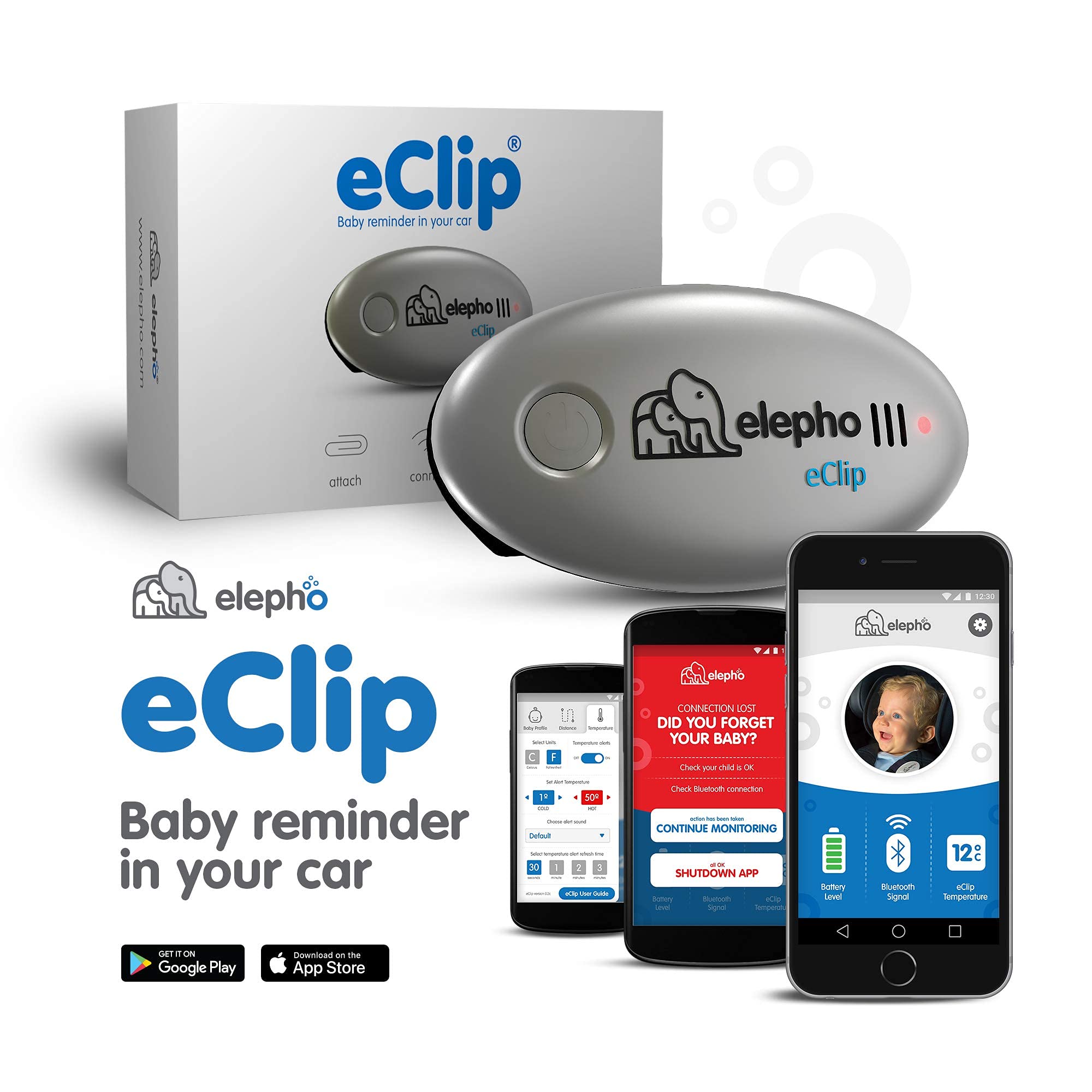 Elepho eClip Baby Safety Reminder for Car | Easily Attaches to Infant Car Seat, Seat Belt or Diaper Bag | Smartphone App Sends Automatic Alerts via Bluetooth for Temperature & Proximity Warnings