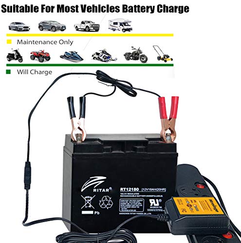 Mroinge MBC022, 12V 2A Lead Acid & Lithium(LiFePO4) Automatic Trickle Battery Charger Smart Battery Maintainer for Car Motorcycle Lawn Mower Boat ATV SLA AGM Gel Lithium(LiFePO4) and More Batteries