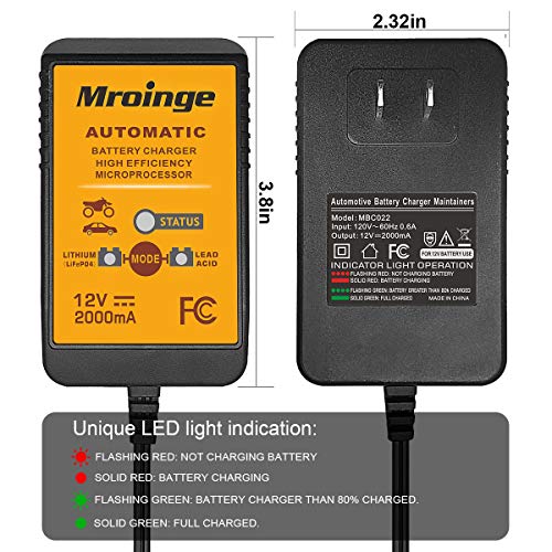 Mroinge MBC022, 12V 2A Lead Acid & Lithium(LiFePO4) Automatic Trickle Battery Charger Smart Battery Maintainer for Car Motorcycle Lawn Mower Boat ATV SLA AGM Gel Lithium(LiFePO4) and More Batteries