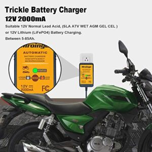 Mroinge MBC022, 12V 2A Lead Acid & Lithium(LiFePO4) Automatic Trickle Battery Charger Smart Battery Maintainer for Car Motorcycle Lawn Mower Boat ATV SLA AGM Gel Lithium(LiFePO4) and More Batteries