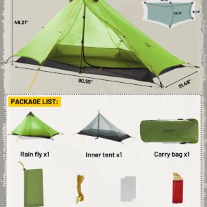 MIER Lanshan Ultralight Tent 3-Season Backpacking Tent for 1-Person or 2-Person Camping, Trekking, Kayaking, Climbing, Hiking, Green, 1-Person