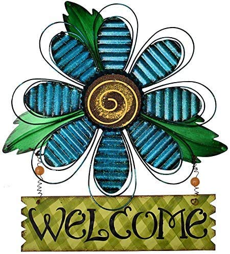 Hanging Metal Flower Welcome Sign Vintage Blue Flower Wreath for Front Door Kitchen Yard Porch Decor Iron Garden Patio Welcome Sign Spring Floral Sign for Fall Decor