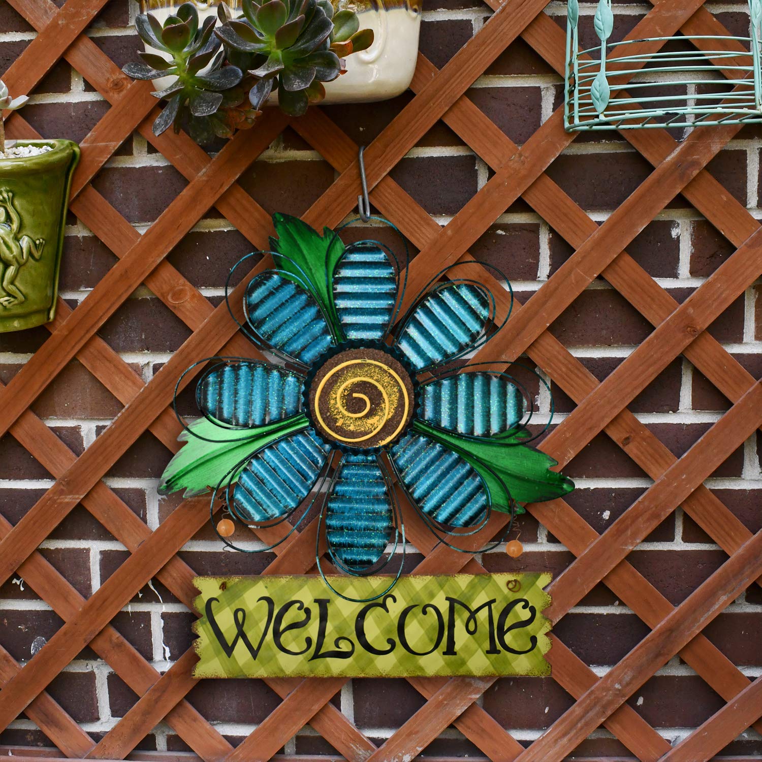 Hanging Metal Flower Welcome Sign Vintage Blue Flower Wreath for Front Door Kitchen Yard Porch Decor Iron Garden Patio Welcome Sign Spring Floral Sign for Fall Decor