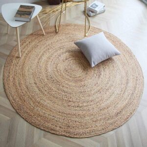 frelish decor handwoven jute area rug - 4 feet round - natural yarn - rustic vintage beige braided reversible rug - eco friendly rugs for bedroom - kitchen - living room - farmhouse (4' round)
