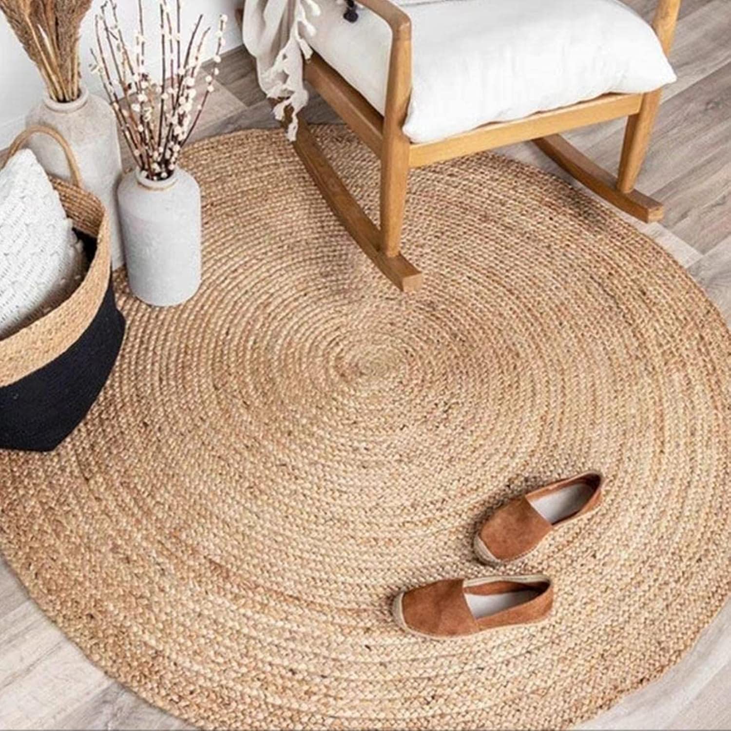 FRELISH DECOR Handwoven Jute Area Rug - 4 feet Round - Natural Yarn - Rustic Vintage Beige Braided Reversible Rug - Eco Friendly Rugs for Bedroom - Kitchen - Living Room - Farmhouse (4' Round)