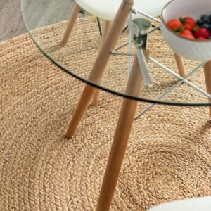 FRELISH DECOR Handwoven Jute Area Rug - 4 feet Round - Natural Yarn - Rustic Vintage Beige Braided Reversible Rug - Eco Friendly Rugs for Bedroom - Kitchen - Living Room - Farmhouse (4' Round)