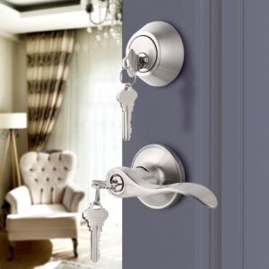 Probrico 4 Pack Keyed Alike Entry Handlset with Single Cylinder Deadbolts Combo Pack, Satin Nickel Door Lever for Front and Entrance Door, Interior and Exterior Entry Door Knobs Brushed Nickel