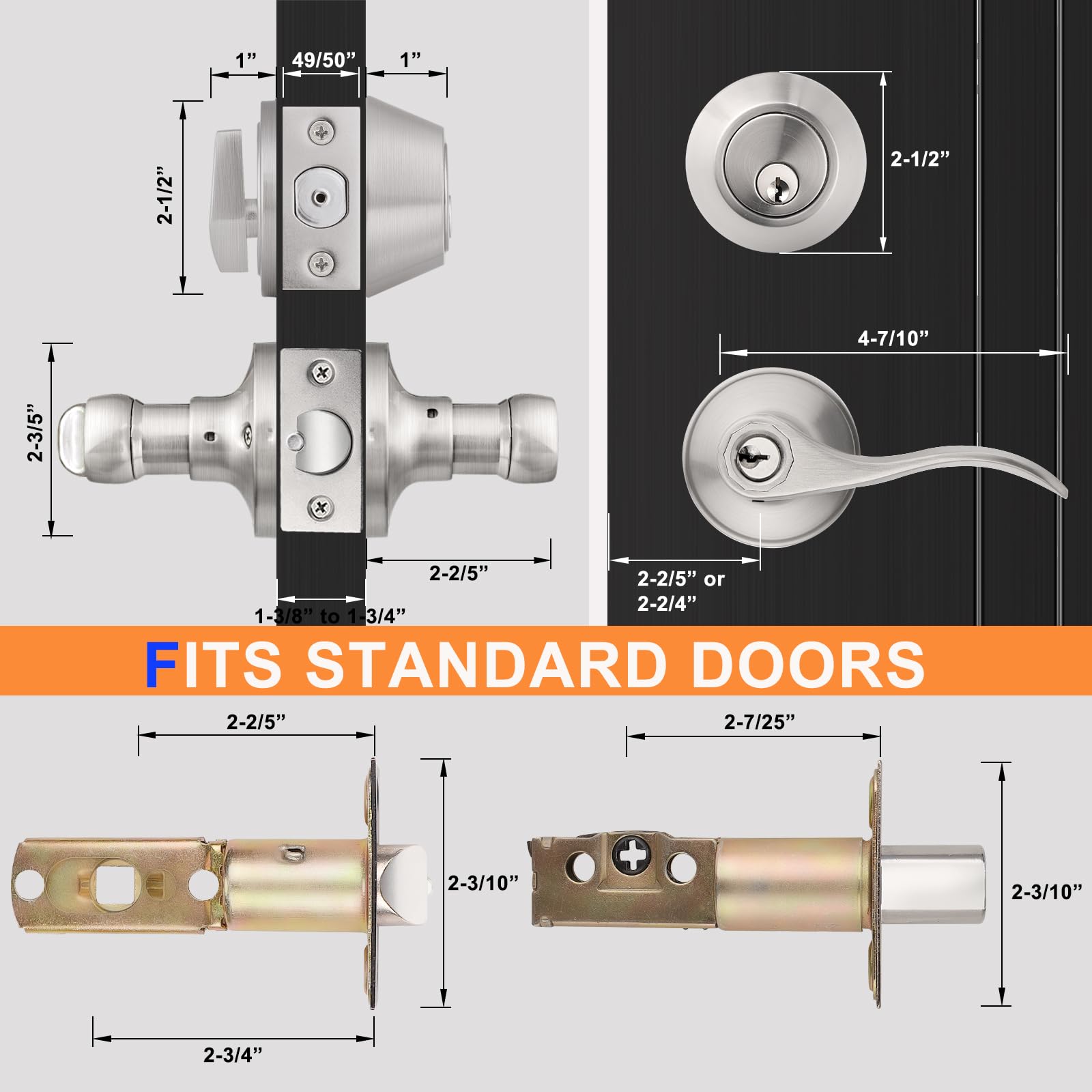 Probrico 4 Pack Keyed Alike Entry Handlset with Single Cylinder Deadbolts Combo Pack, Satin Nickel Door Lever for Front and Entrance Door, Interior and Exterior Entry Door Knobs Brushed Nickel