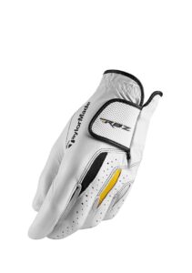 taylormade golf rbz leather glove, white/gray/yellow cadet, worn on left hand, medium/large