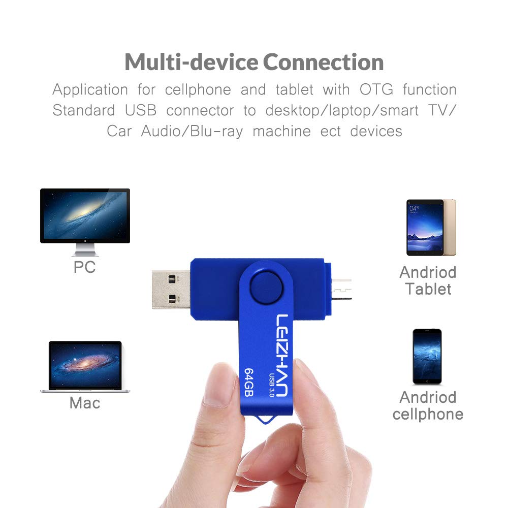 leizhan 128GB Flash Drive for Samsung Galaxy S4 S5 S6 S7 HTC Nokia Moto Huawei, Micro-USB 3.0, Blue