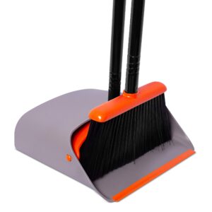 BirdRock Home Broom and Dustpan Set - Lobby Dust Pan - Orange and Grey Durable Set - Indoor or Outdoor - Sweep Combo Great for Kitchen, Home, Garage and Office - Clip On Self Cleaning Bristles