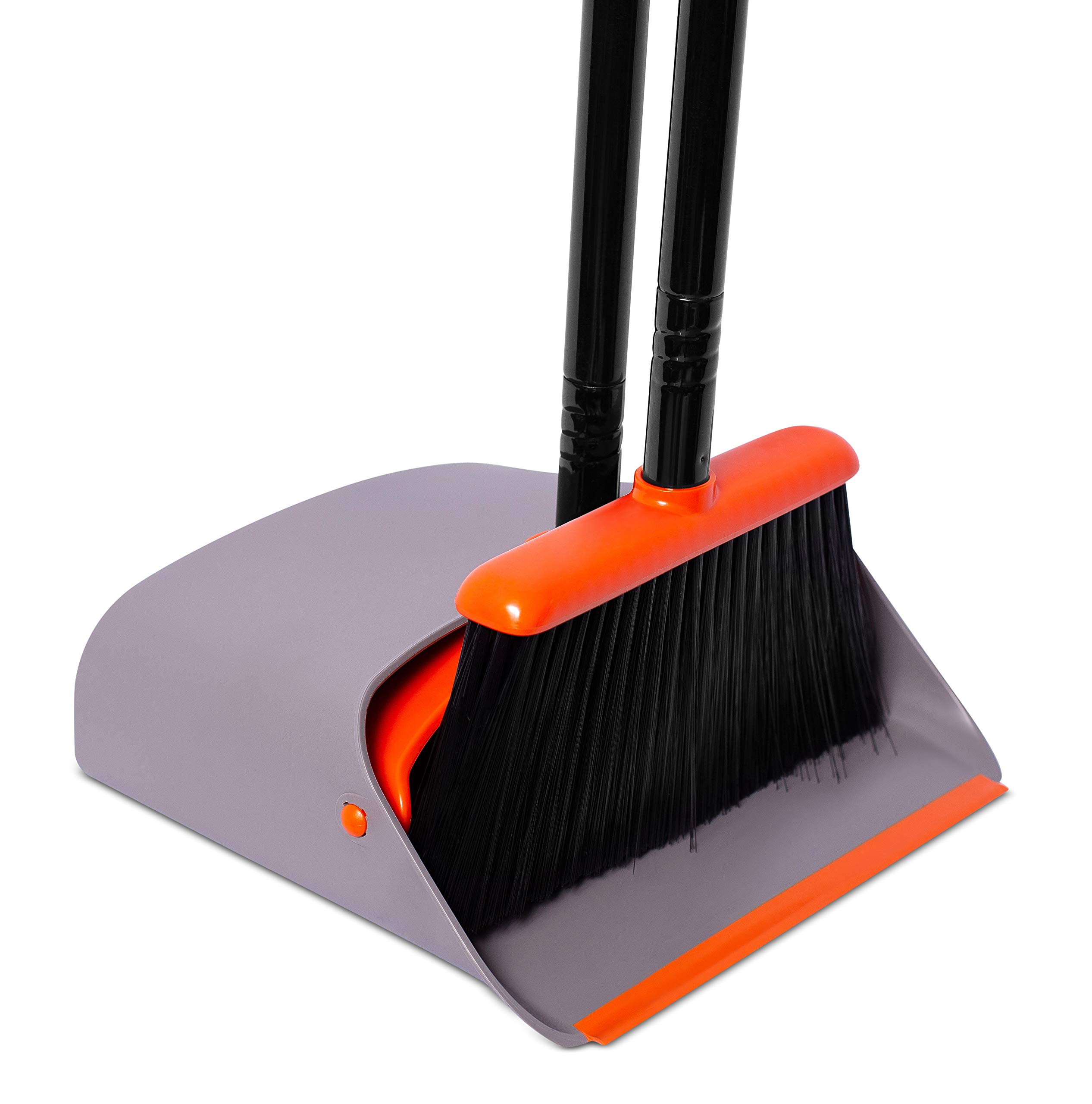 BirdRock Home Broom and Dustpan Set - Lobby Dust Pan - Orange and Grey Durable Set - Indoor or Outdoor - Sweep Combo Great for Kitchen, Home, Garage and Office - Clip On Self Cleaning Bristles