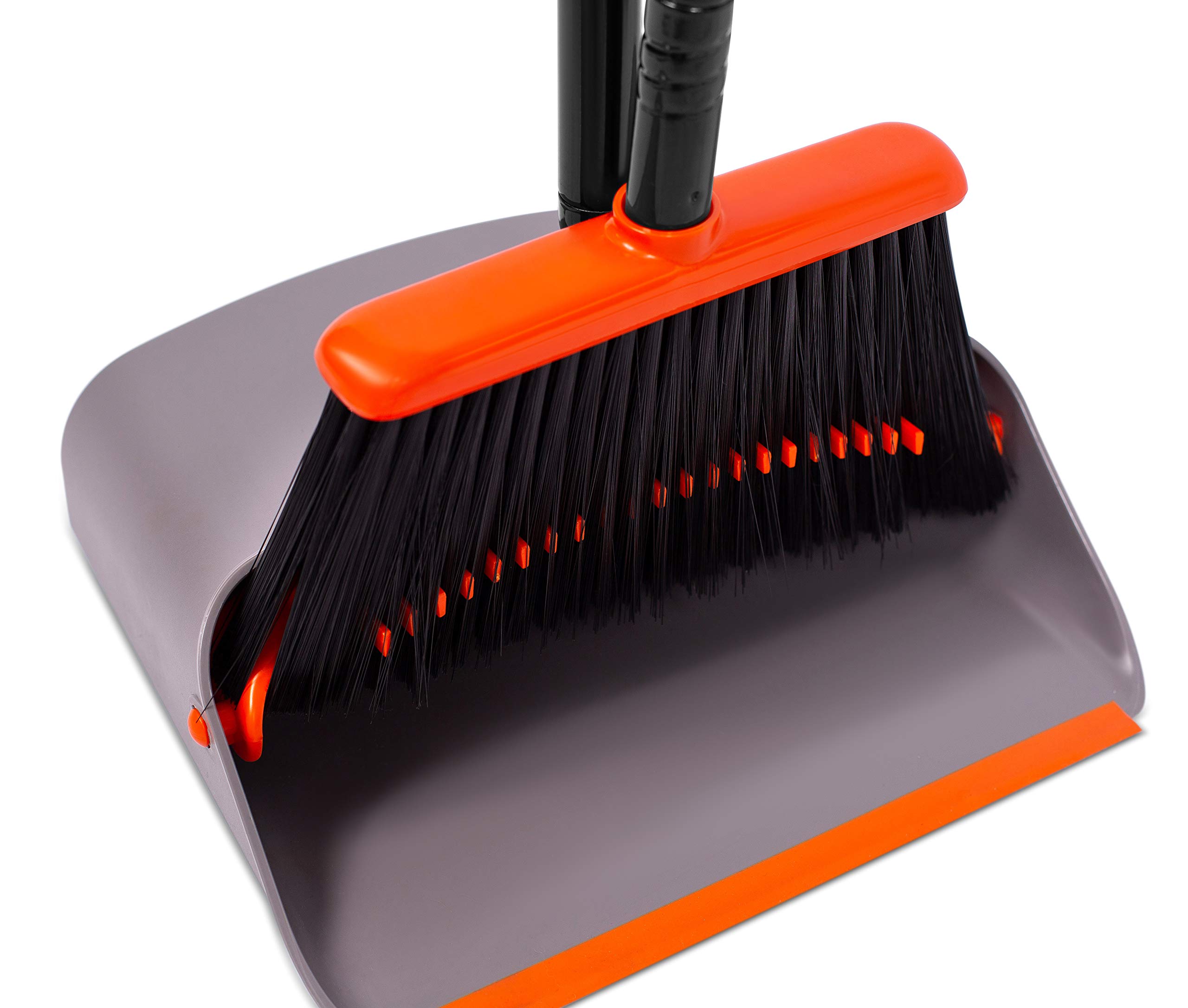 BirdRock Home Broom and Dustpan Set - Lobby Dust Pan - Orange and Grey Durable Set - Indoor or Outdoor - Sweep Combo Great for Kitchen, Home, Garage and Office - Clip On Self Cleaning Bristles