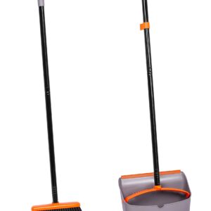 BirdRock Home Broom and Dustpan Set - Lobby Dust Pan - Orange and Grey Durable Set - Indoor or Outdoor - Sweep Combo Great for Kitchen, Home, Garage and Office - Clip On Self Cleaning Bristles