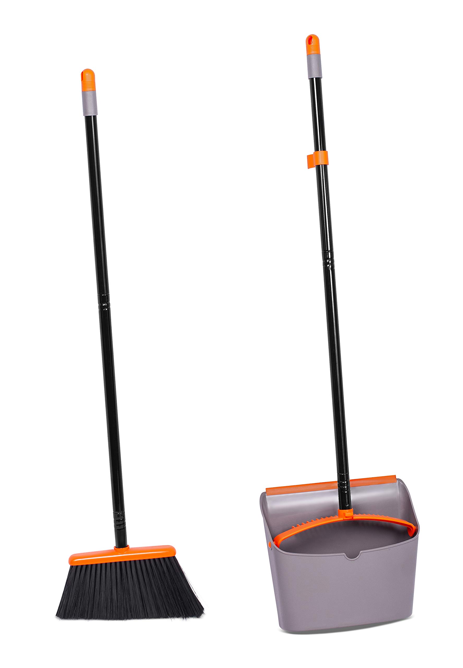 BirdRock Home Broom and Dustpan Set - Lobby Dust Pan - Orange and Grey Durable Set - Indoor or Outdoor - Sweep Combo Great for Kitchen, Home, Garage and Office - Clip On Self Cleaning Bristles