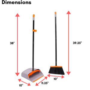 BirdRock Home Broom and Dustpan Set - Lobby Dust Pan - Orange and Grey Durable Set - Indoor or Outdoor - Sweep Combo Great for Kitchen, Home, Garage and Office - Clip On Self Cleaning Bristles