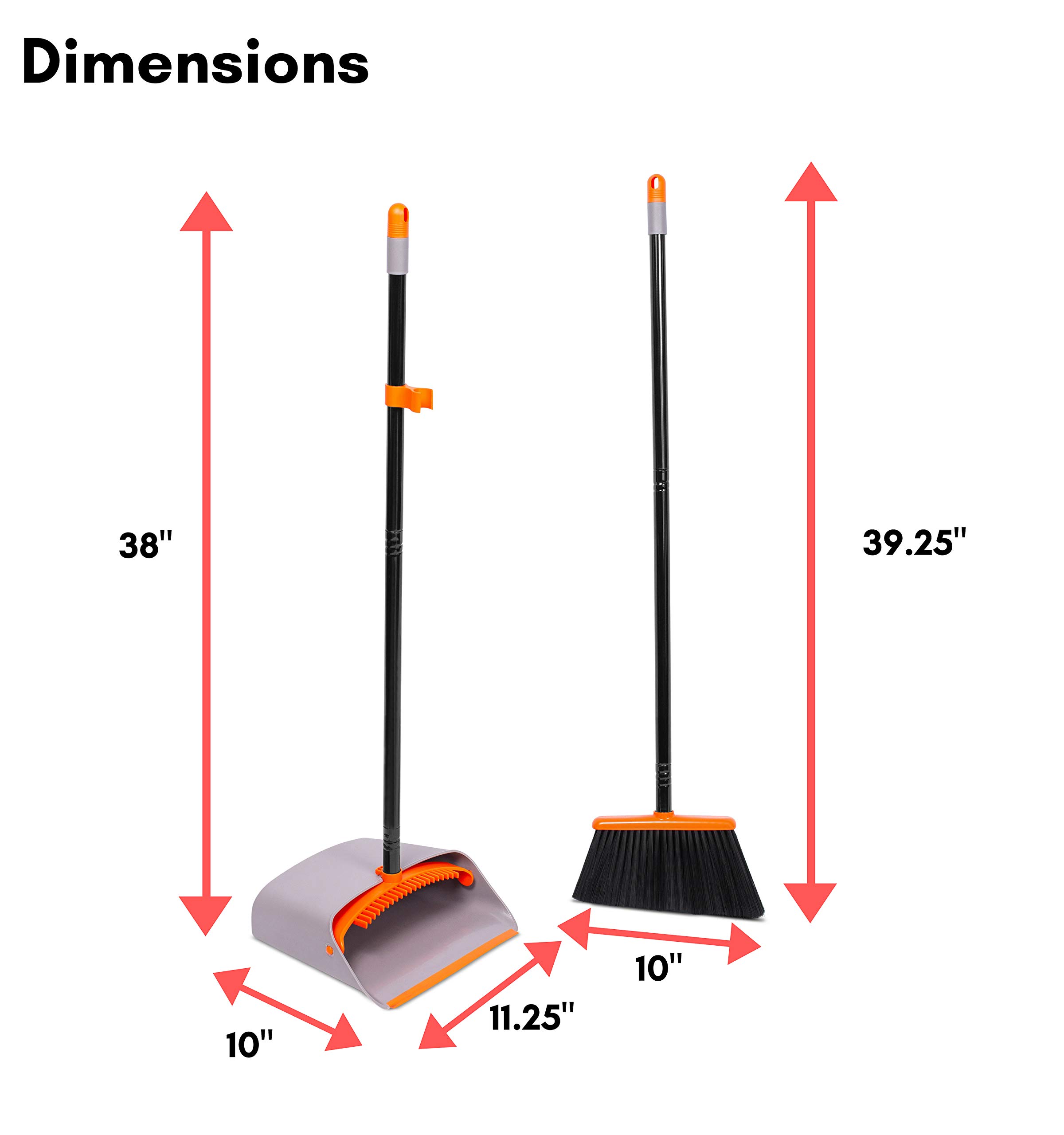 BirdRock Home Broom and Dustpan Set - Lobby Dust Pan - Orange and Grey Durable Set - Indoor or Outdoor - Sweep Combo Great for Kitchen, Home, Garage and Office - Clip On Self Cleaning Bristles