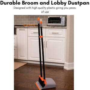 BirdRock Home Broom and Dustpan Set - Lobby Dust Pan - Orange and Grey Durable Set - Indoor or Outdoor - Sweep Combo Great for Kitchen, Home, Garage and Office - Clip On Self Cleaning Bristles