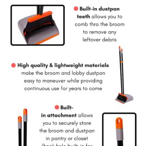 BirdRock Home Broom and Dustpan Set - Lobby Dust Pan - Orange and Grey Durable Set - Indoor or Outdoor - Sweep Combo Great for Kitchen, Home, Garage and Office - Clip On Self Cleaning Bristles