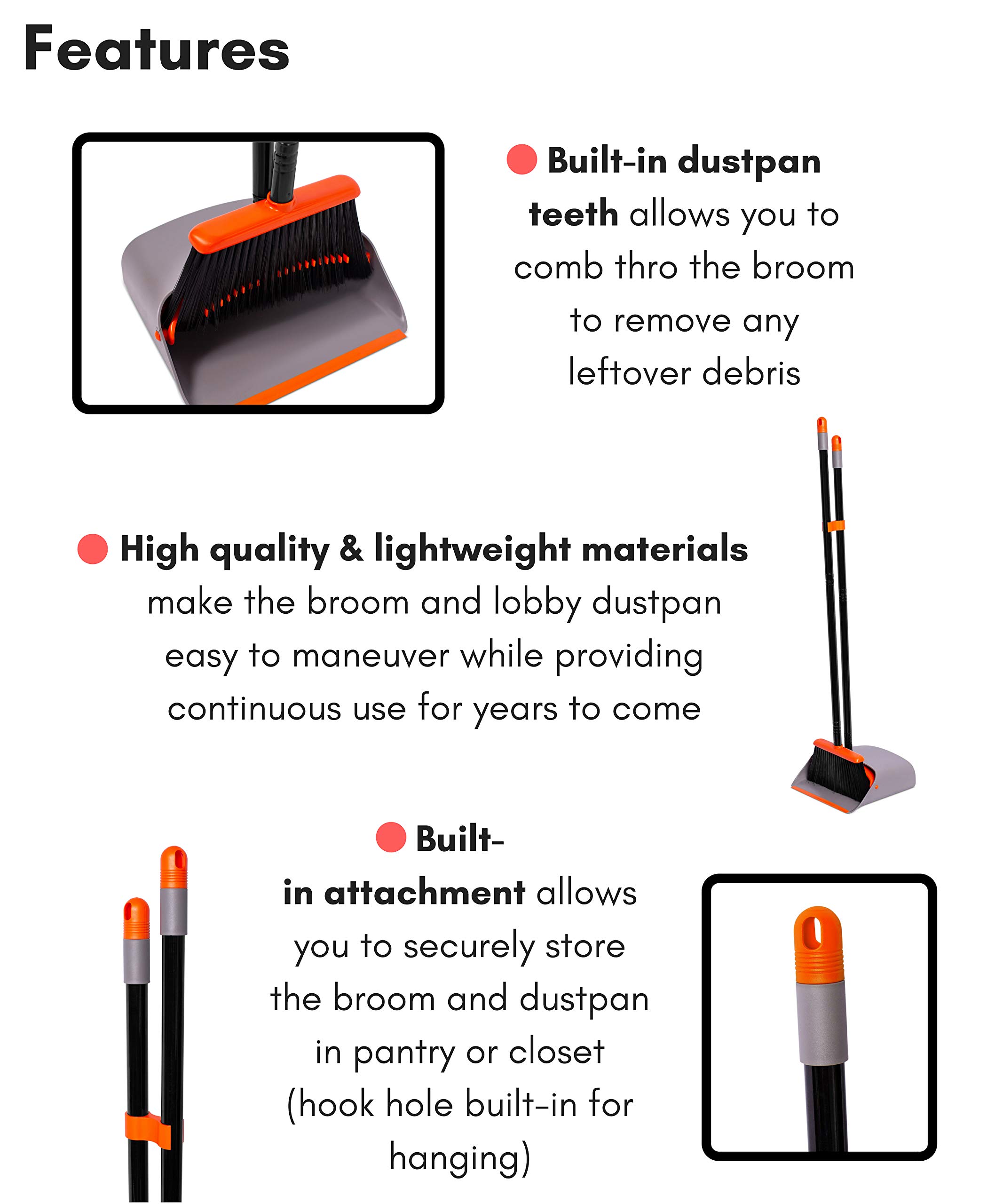 BirdRock Home Broom and Dustpan Set - Lobby Dust Pan - Orange and Grey Durable Set - Indoor or Outdoor - Sweep Combo Great for Kitchen, Home, Garage and Office - Clip On Self Cleaning Bristles