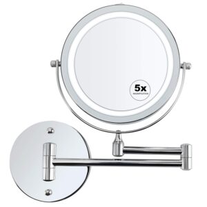 ALVOROG Wall Mounted Makeup Mirror LED Lighted Double Sided 5X Magnification 360° Swivel Extendable Cosmetic Vanity Mirror for Bathroom Hotels, Powered by Batteries (Not Included)-7 inches